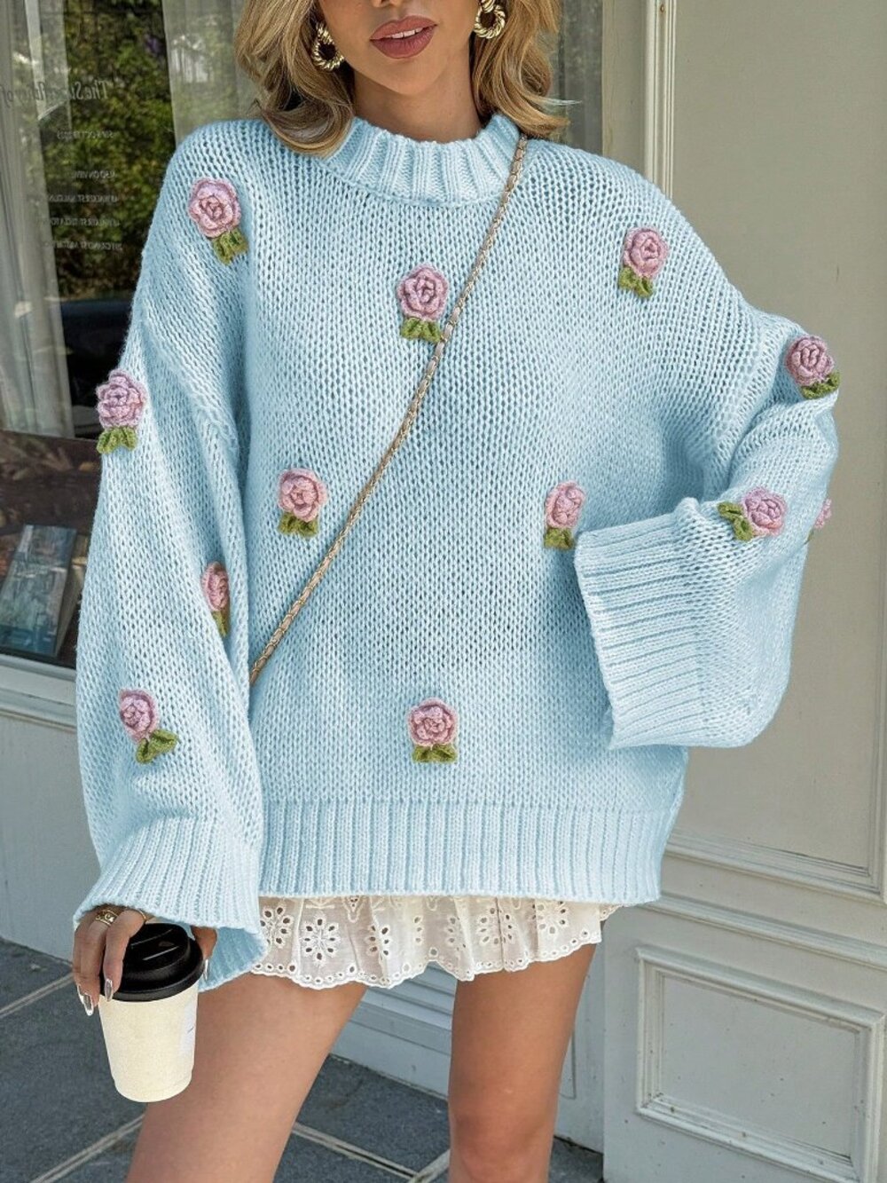 Baby Blue Women's Casual Cute Knitted Embroidered 3D Floral Sweater - Picture 6 of 10